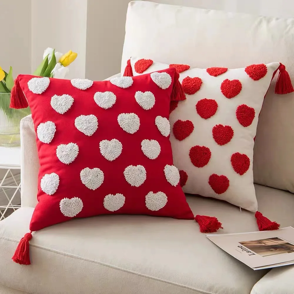 Roter Boho-Valentinstag-dekorativer Kissenbezug mit Quasten, 45 x 45 cm, Kissenbezug mit Liebesherz, Kissenbezug für Sofa und Wohnzimmer