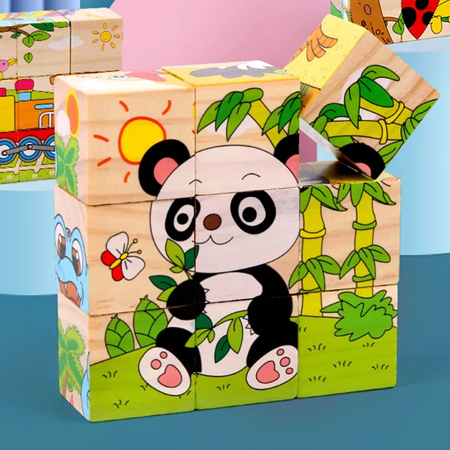 Zabawki dla dzieci drewniane bloczki sześciostronna kostka Puzzle gra w zabawki edukacyjne Montessori do poznawania ruchu zwierząt