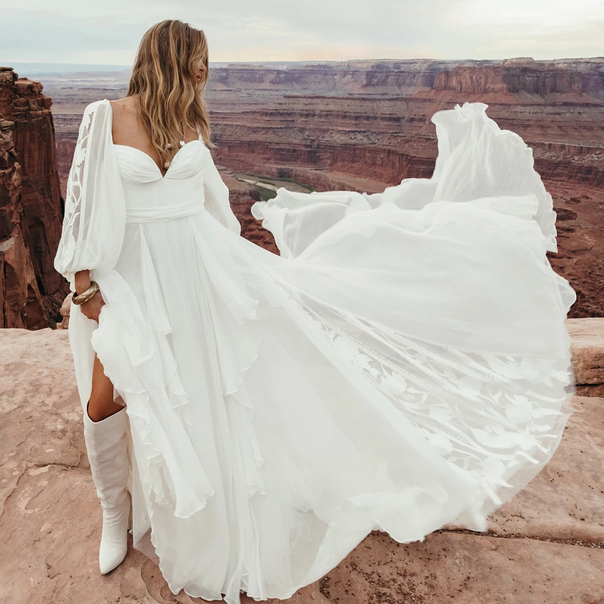 Silky Chiffon A Line Gathered Bust Wedding Dress Long Billowing Sleeves Custom Made Ruffled Flowy Skirt Floral Lace Bridal Gowns