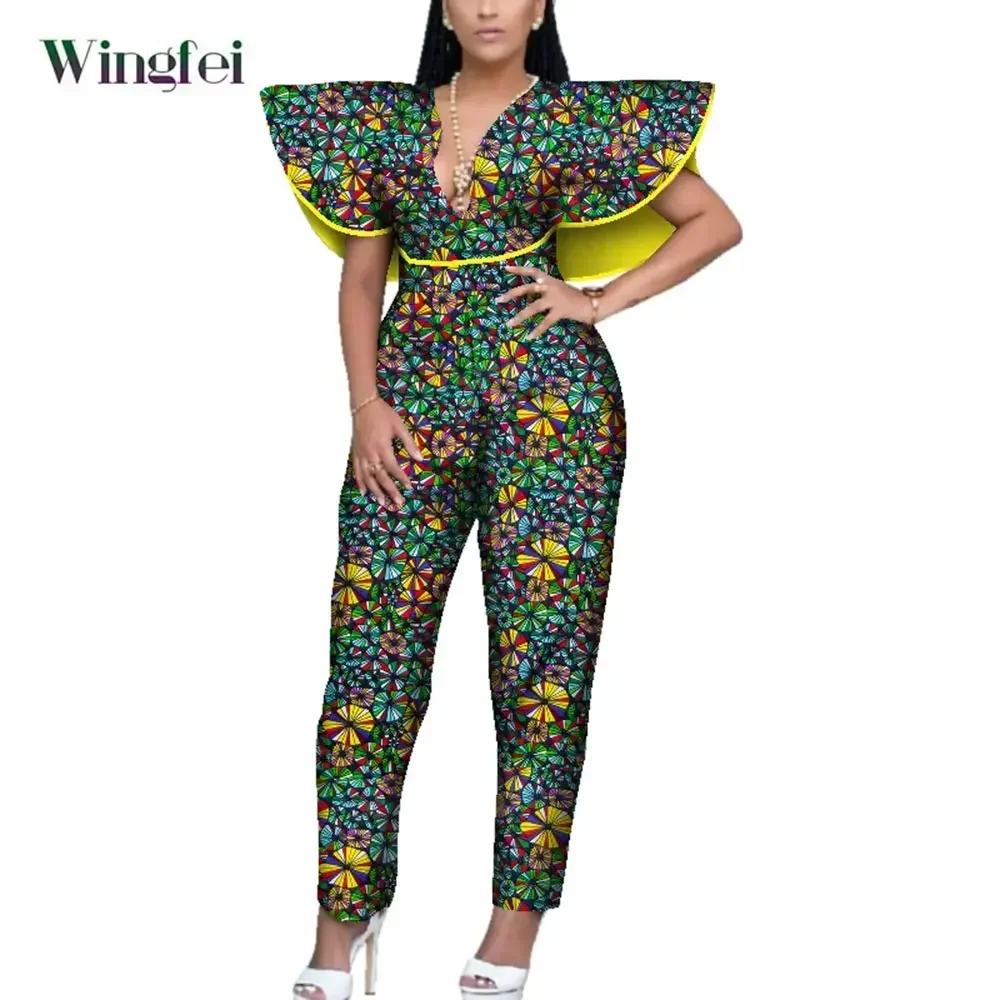 African Clothes for Women Ankara Print Jumpsuit V-Neck Sleeveless Sexy Jumpsuits Rompers Fashion African Women Boubou WY3945