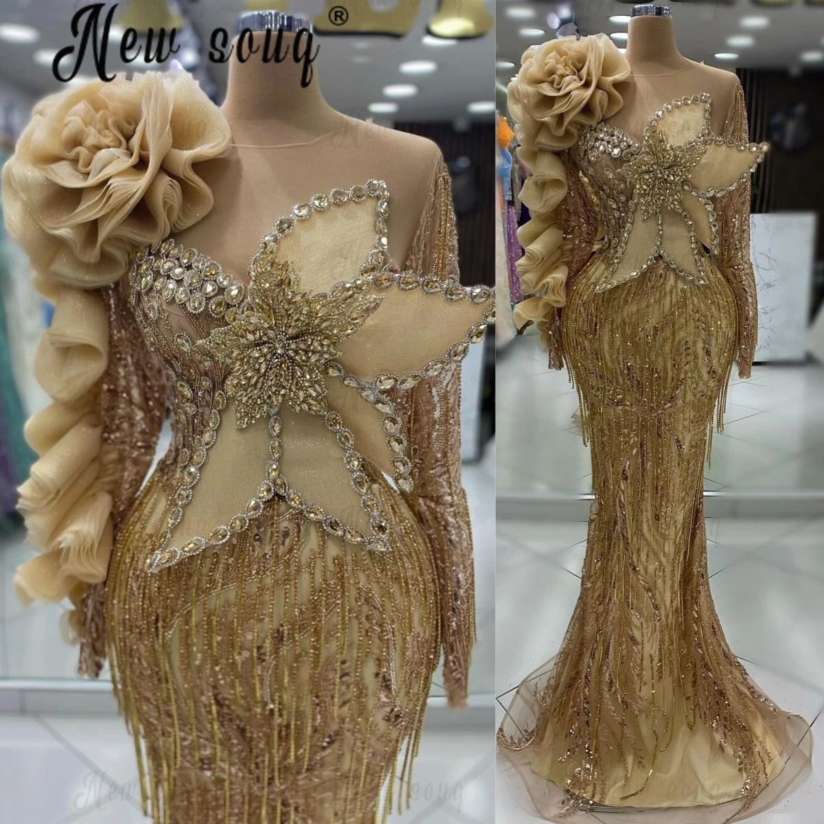 Aso Ebi Gold 3D Lace Long Sleeve Evening Dress Golden Tassel Mermaid Wedding Party Gowns Engagement Prom Dress Customized