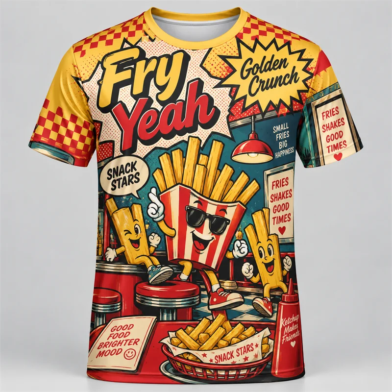 Funny Food Cartoon 3D Print T Shirt Men Women Fries Donut Boba Taco Pretzel Ice Cream Hot Dog Popcorn Cupcake Sushi Summer Tee