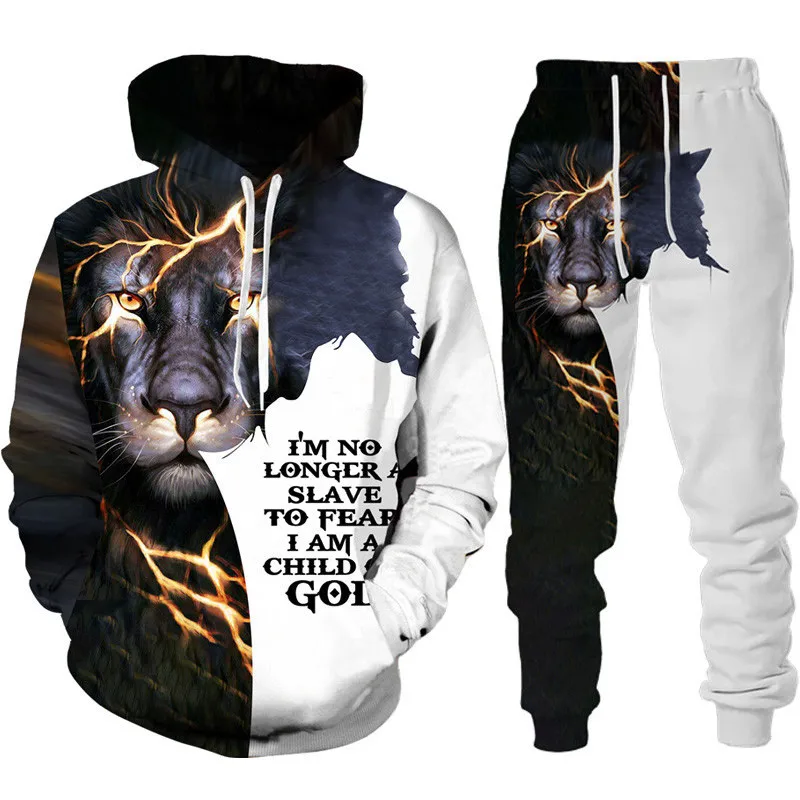 Two Piece Set Christian Bible Faith Jesus God Men\'s Hoodie/Suit Cool 3D Lion Printed Streetwear Couple Clothes Jogging Tracksuit