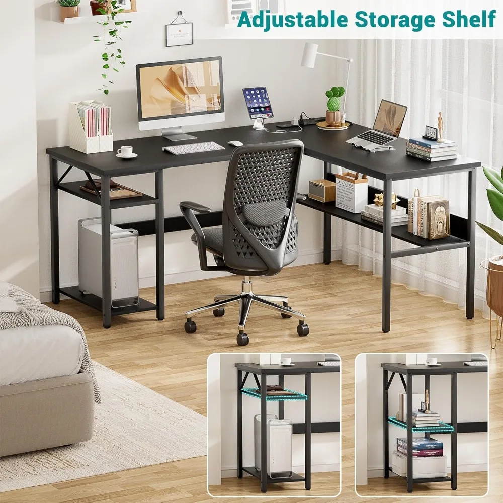 L Shaped Computer Desk with Power Outlets and USB Charging Ports, Sturdy Corner Desk with Storage Shelf