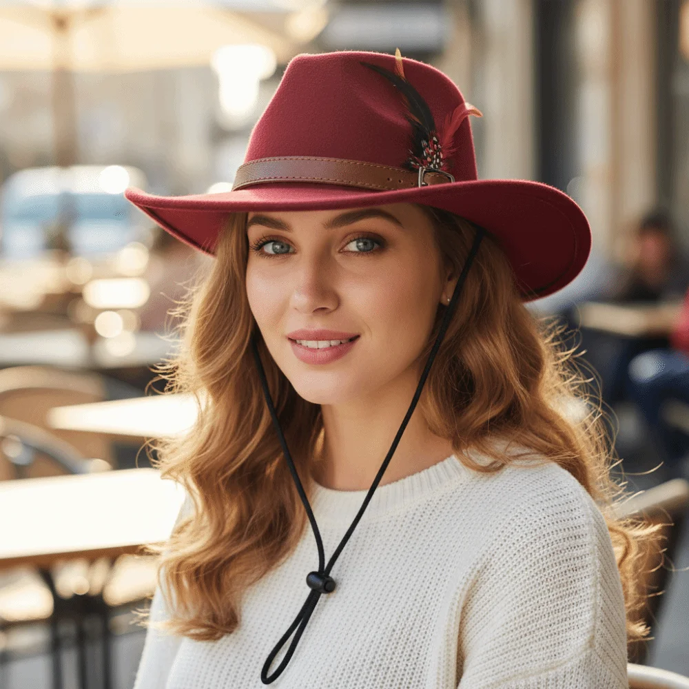 Fashion with Belt Buckle Felt Fedora Hats Wide Brim Feather Show Jazz Hat Wool Felt Cowboy Hat Men Women