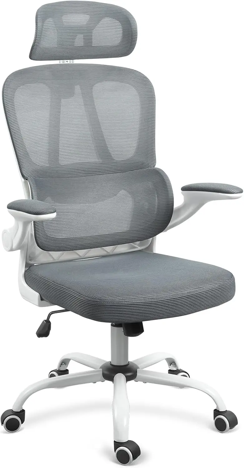 

Ergonomic Mesh Office Chair With Wheels, High Ba Desk Chair With Headrest And Comfortable Lumbar Support, Flip-Up Arms, 90-120°