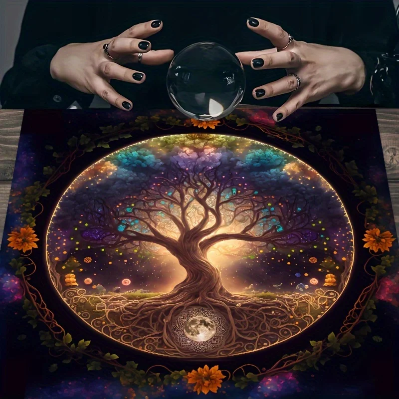 VIKAMA Tarot Ritual Tablecloth Waterproof and Stain-Resistant Tree of Life Moon Divination Meditation Energy Field Table Decor