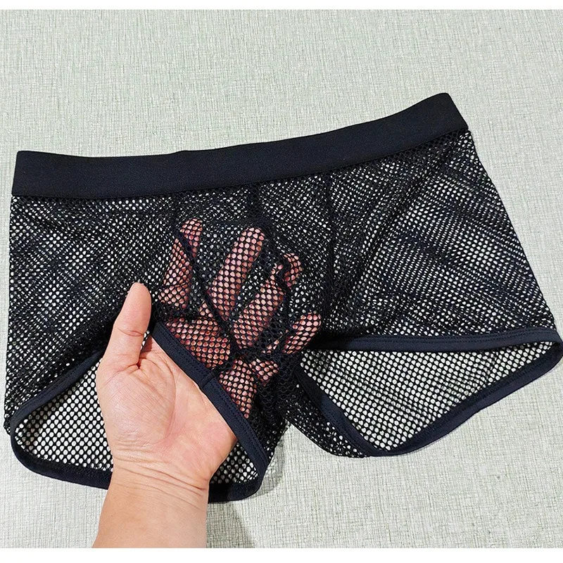 

Men's big net black solid color belt panties elastic low waist breathable see-through sexy flat-footed boxers