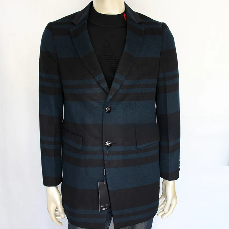 

Autumn Busin Gentleman Color Blo Stripe Mid-Length Woolen Coat Jaet Double-Breasted Suit Collar Slim Fit Casual Sle