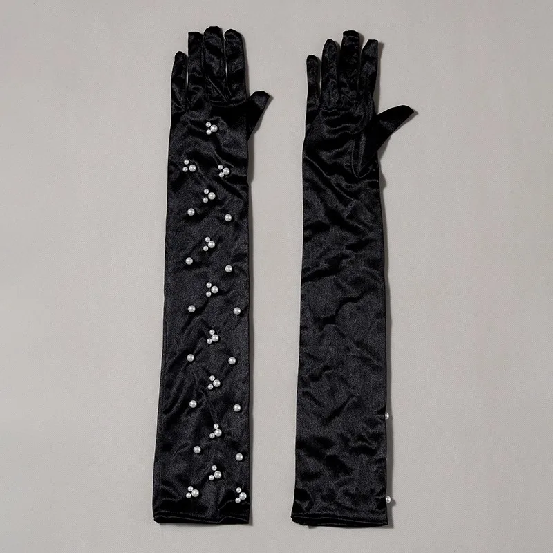 Women's Elegant Elastic Pearl Beaded Long Satin Glove Female Spring Summer Sunscreen Dancing Overlength Driving Glove R2760