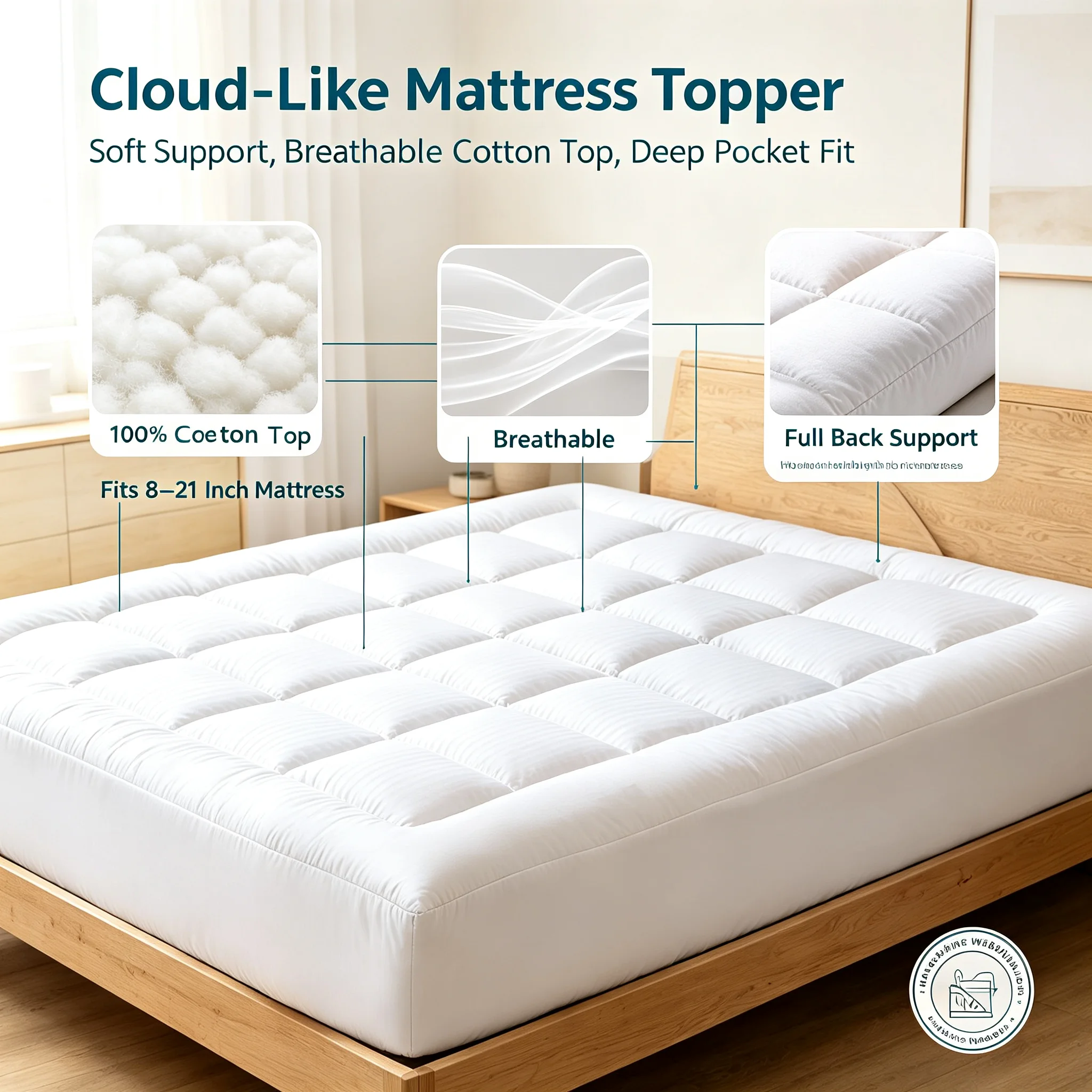 RV King Mattress Topper, 300TC Cotton Top Pillow Top Mattress Pad, Extra Thick Quilted Mattress Protector Cover, Fluffy Down Alternative Filling Bed Topper, Deep Pocket Fits 8-21 Inch Mattress, Breathable Washable Mattress Pad for RV Bedroom Hotel Dorm