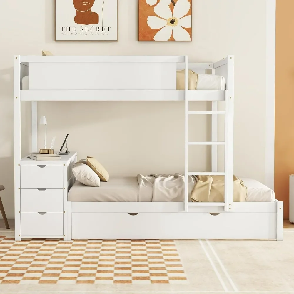 Full Over Full Bunk Beds with Desk, Storage Drawers and Trundle, Wooden Bunk Bed Frame with Charging Station for Kids Teens