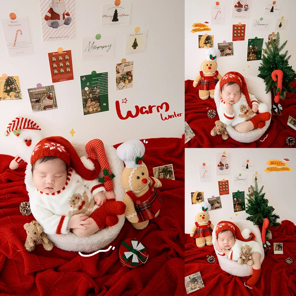 

Christmas Newborn Photography Props Knitted Santa Costume Candy Cane Prop Gingerbread Doll Mini Xmas Tree for Studio Photo Props