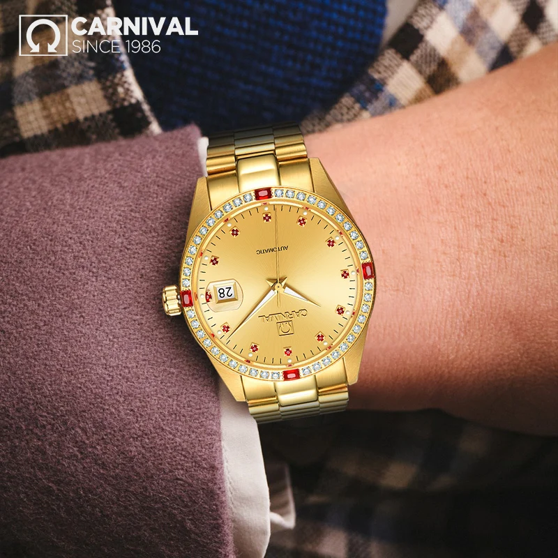 Luxury Switzerland CARNIVAL Men's Automatic Mechanical Watch Diamond 18K Gold-Color Display Waterproof Auto Date Feature C8003G