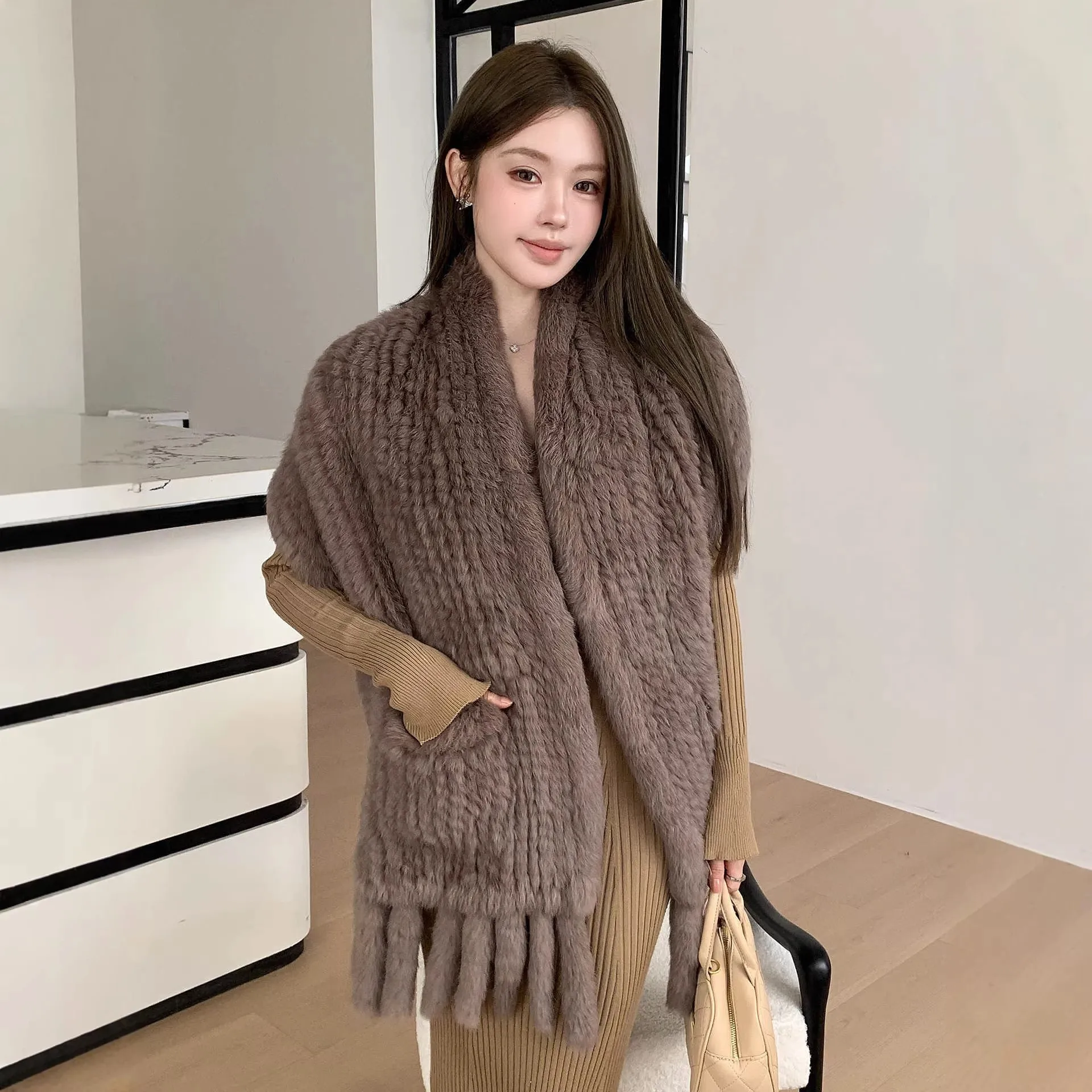 Mulheres real pele de coelho xale com borla longo feminino venda quente moda luxo genuíno pele envoltório feminino capa