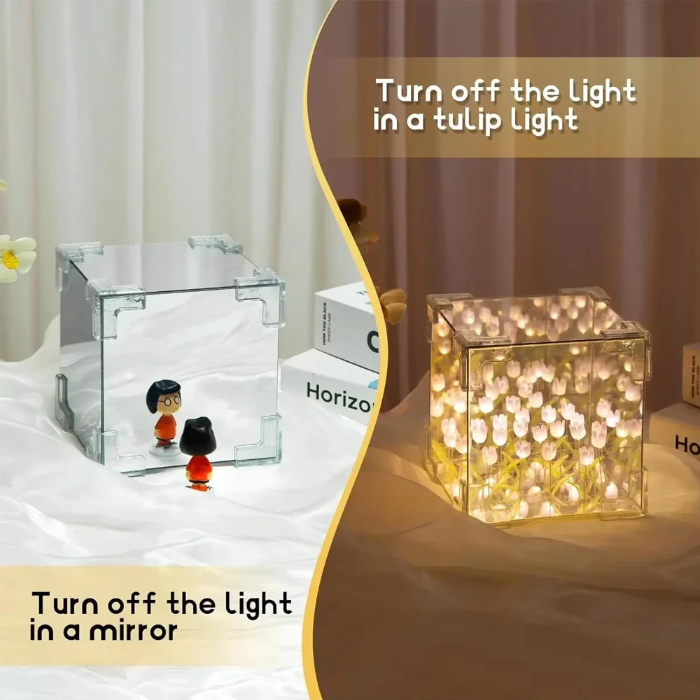 DIY Tulip Mirror Cube Lamp Simulation Flower Bedroom Sleeping Table Lamp Handmade Craft Night Light Birthday Gift