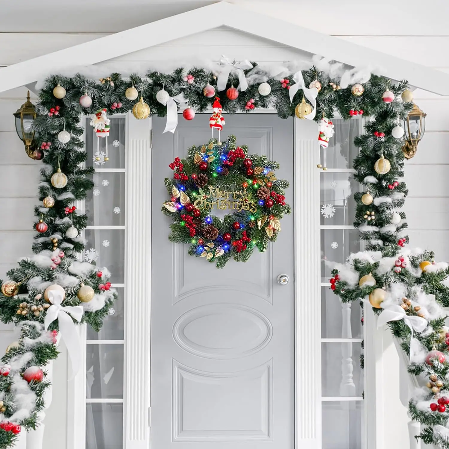 Garvee 18 Inch Pre-Lit Christmas Wreath Outdoor Lighted Christmas Wreath with Pine Cones, Berry, Colorful Lights for Front Door Artificial Xmas Wreath for Holiday Party Decorations view 7