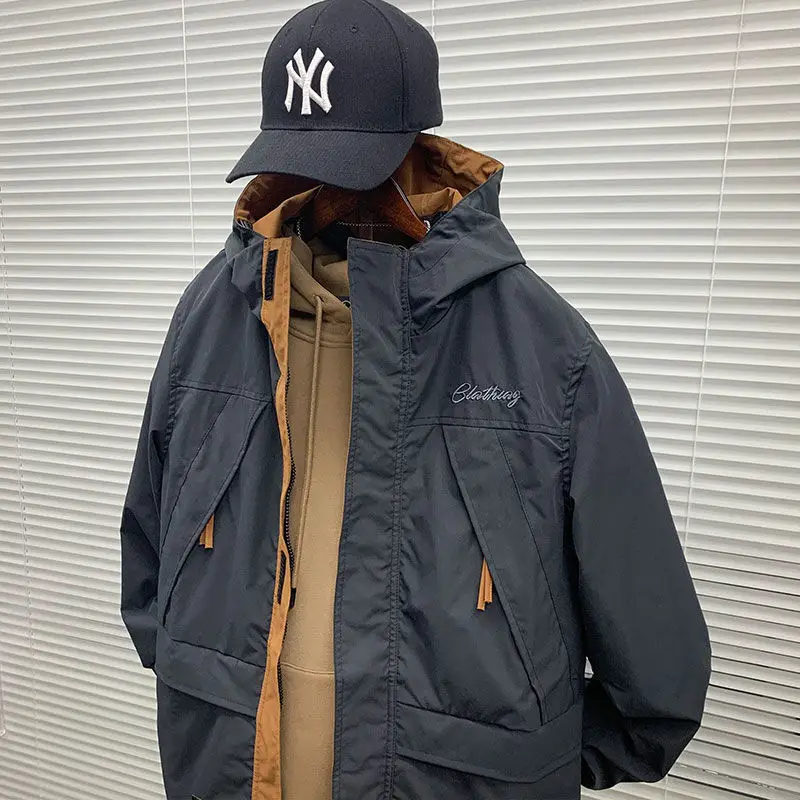 Workwear Hooded Jacket Men's Korean Loose Trendy Brand Color Blocked Jacket Submachine Jacket