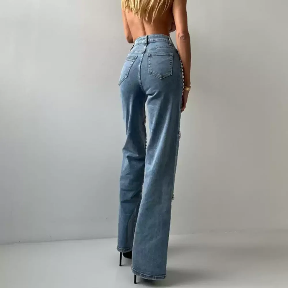 TWOTWINSTYLE Solid Spliced Diamonds Jeans For Women High Waist Patchwork Pockets Vintage High Street Jean Female Fashion Clothes