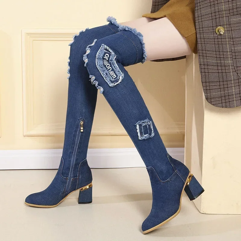 Women\'s Denim Boots Over The Knee Pointed Toe Thick High Heels Shoes Female Autumn Casual Tassel Jeans Long Boots Botas Mujer