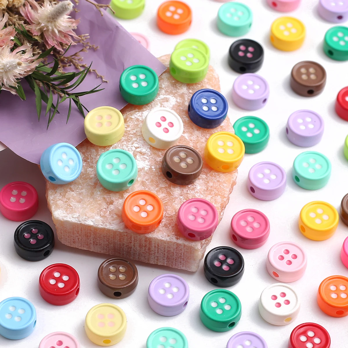 20pcs Mixed Classic Flat Round-Shaped 12mm Acrylic Button Beads & Bead Assortments With Through Holes