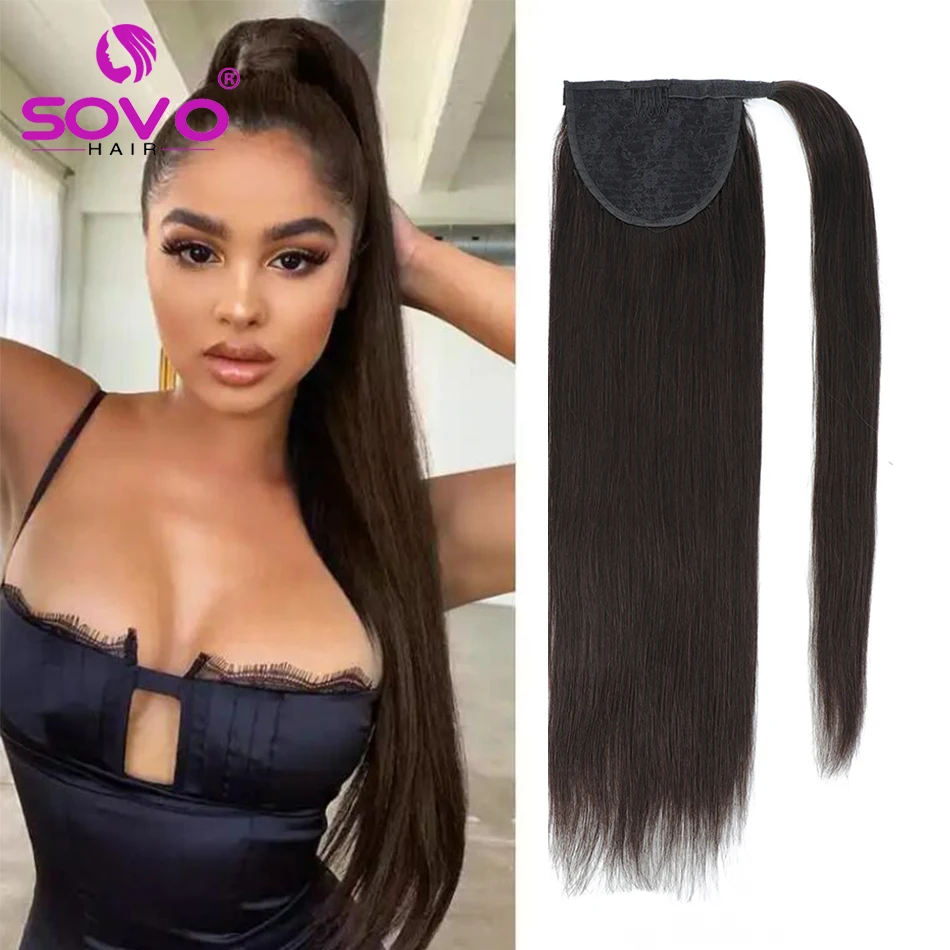 SOVO Ponytail Human Hair Wrap Around Horsetail Straight Brazilian 100% Remy Human Hair Ponytail Extensions 60/100/120/150g
