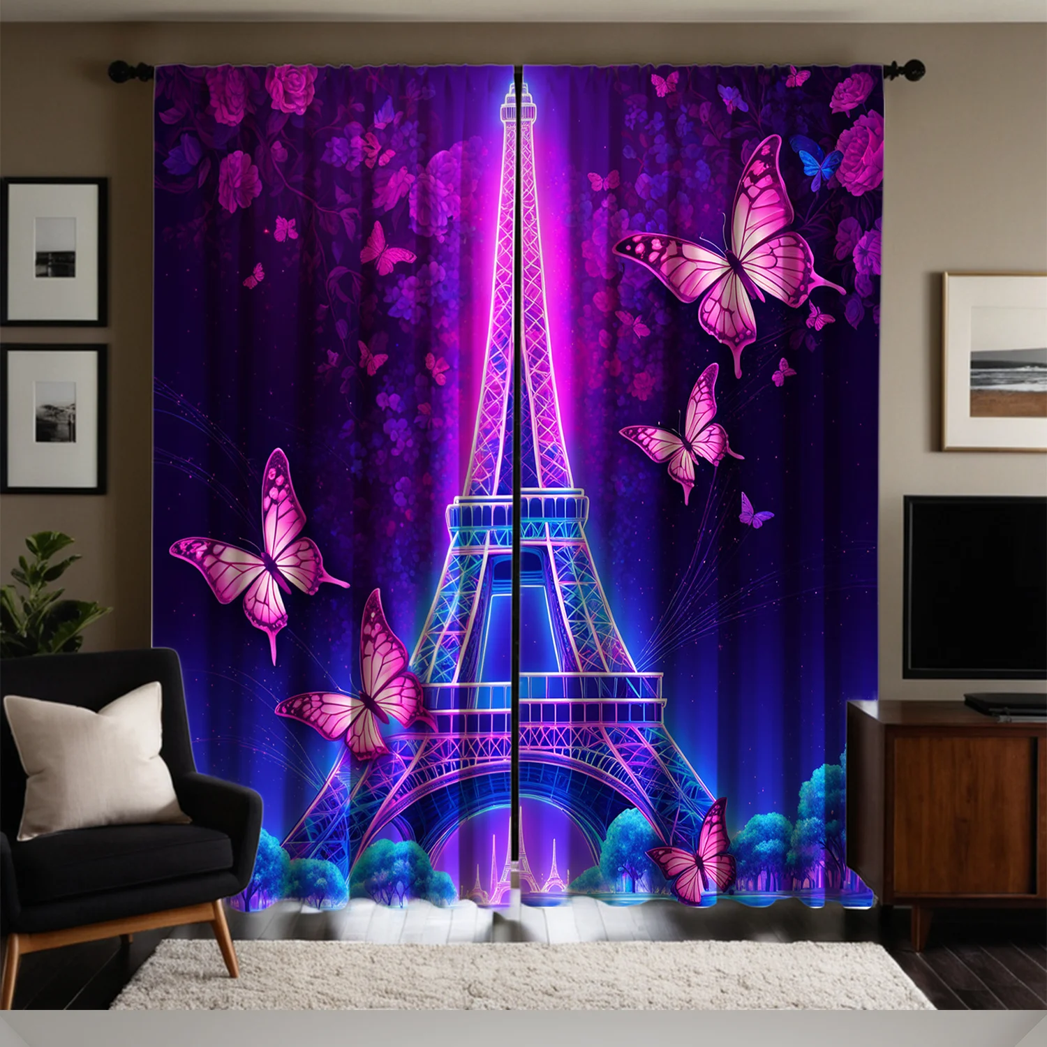 Open 2pcs HD Digital Curtain Printing Simulation Dark Purple Gradient Background Eiffel Tower Pink Butterfly Blue Pink Luminous