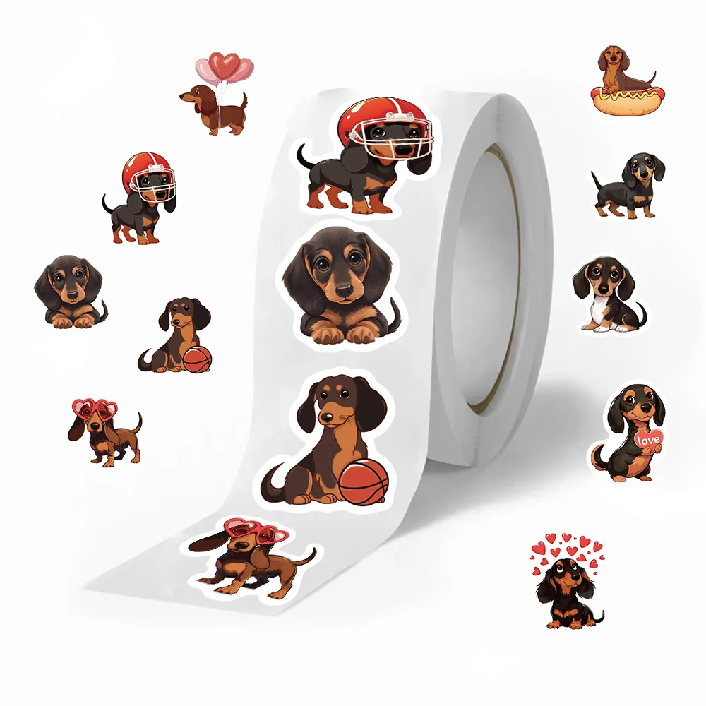 Rouleau d'autocollants teckel, 500 pièces, pour guitare, réfrigérateur, téléphone, ordinateur portable, valise, tasse d'eau, Skateboard, fournitures pour planificateur, DIY bricolage