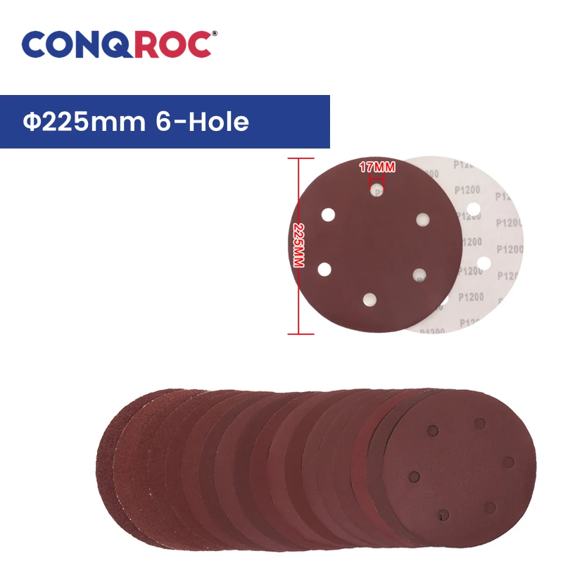225mm(9-Inch) 6-Hole Sanding Discs Aluminum Oxide Hook and Loop Sanding Papers 10-Piece Grit P24~2000