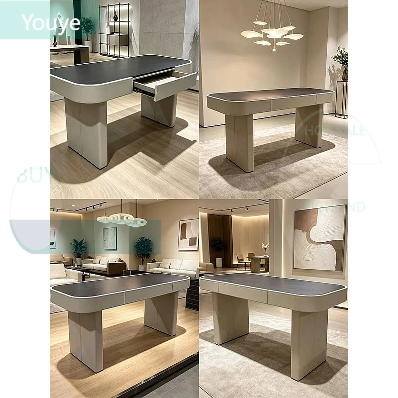 ZL Modern Round Corner Solid Wood Desk with Drawer Leather Writing Table Workstation