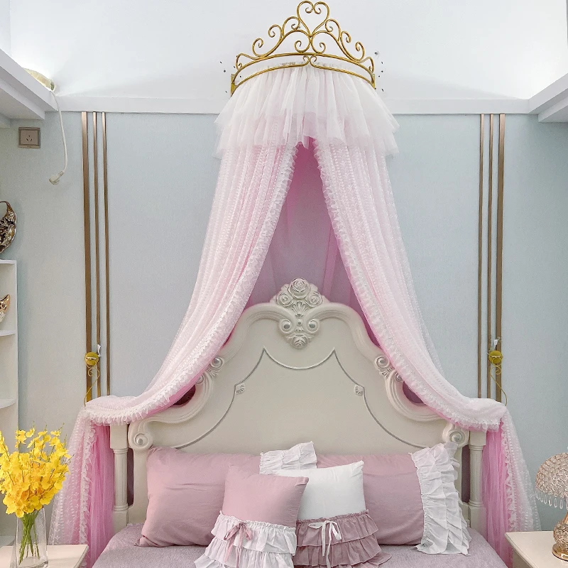 Princess Crown Mosquito Net Palace Bed Curtain Girl Children Room Decor Bedside Yarn Romantic Princess Tents Bed Canopy Valance