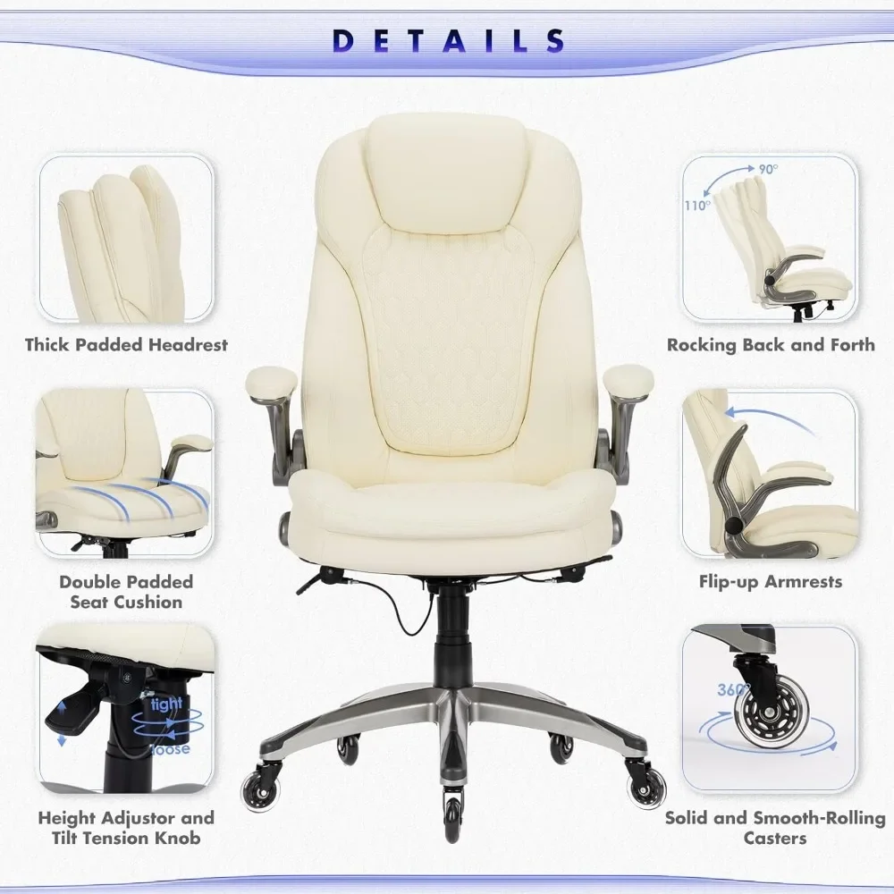 Executive Office Chair-Ergonomic Computer Desk Chair with Upgraded Caster for Swivel, High Back Office Chair with Padded Flip-up