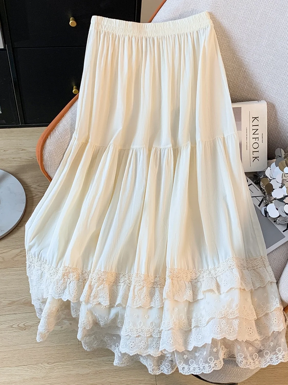 Retro Floral Lace Splicing Half Skirt Women's Midi Length Cotton Lined Long Skirt  Sweet Forest System Commute Style