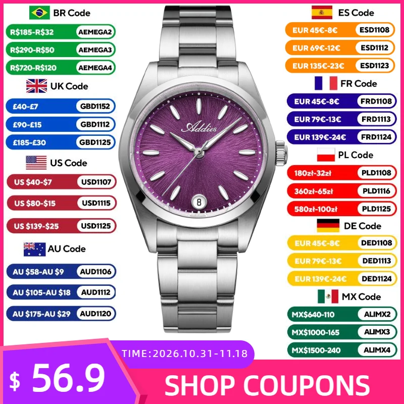 ADDIES Luxury Quartz Watch for Woman Sapphire Glass BGW9 Super Luminous 316L Stainless Steel 5Bar Waterproof Ladies Wristwatch