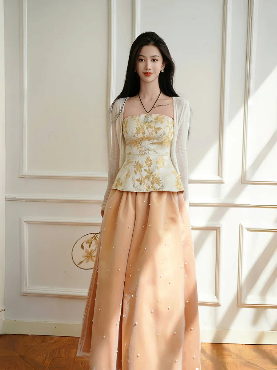 

Cho Jinglin New Chinese Sle Embroidered Cloud Silk Sequin Me Top Skirt Set Long Sve Hoodie Length Pant Nylon Fabric