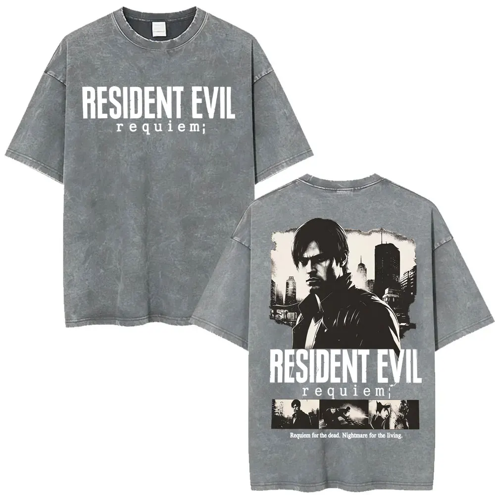 Limited Leon Kennedy T-shirt Resident Evil Requiemm Vintage Washed T-shirts Men Women Violence Aesthetic Oversized Loose T Shirt