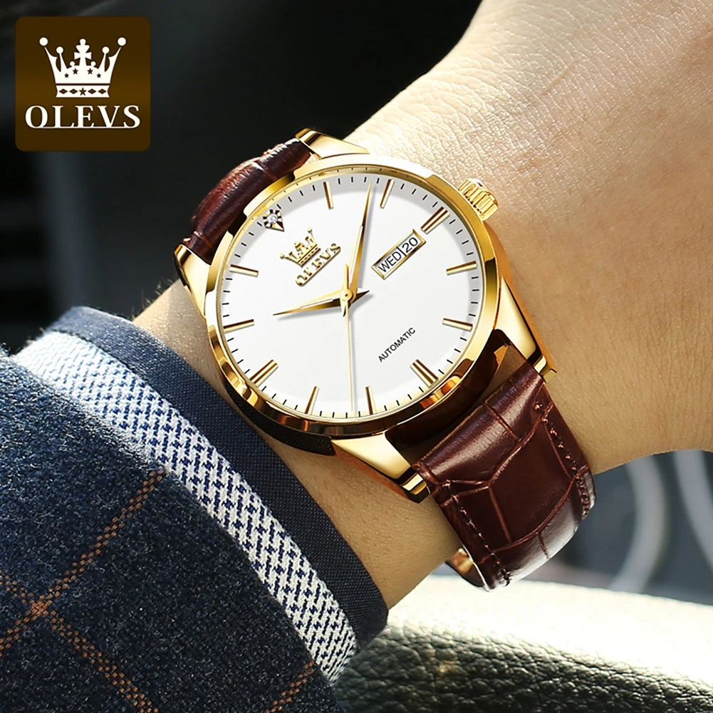 OLEVS 6629 Mechanical Business Watch Gift Genuine Leather Watchband Round-dial Week Display Calendar Luminous