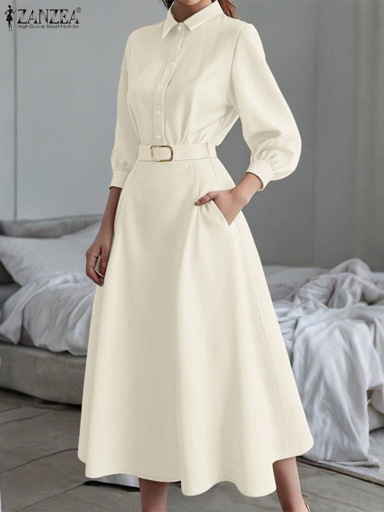 Stylish Autumn Shirt Dress 2025 ZANZEA Office Women Dress Elegant Long Sleeve OL Work Sundress Belted Robe Solid Buttons Vestido