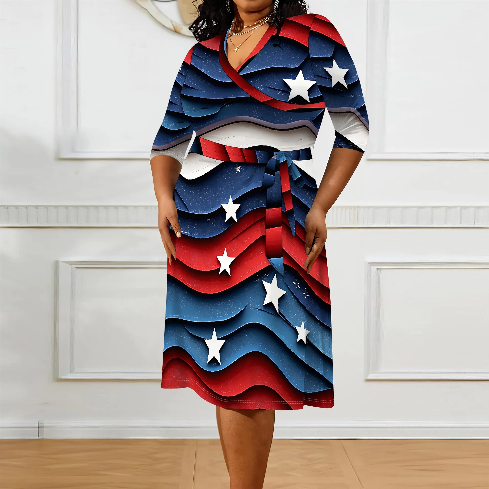 Plus Size Women's V-Neck Wrap Dress 3/4 Sleeve Patriotic Star Print A-Line 4th of July Dress XL-6XL