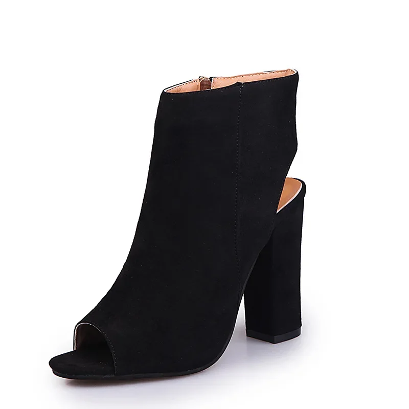 Spring Summers Ankle Boots Faux Suede Leather Casual Open Peep Toe High Heels Zipper Fashion Black Shoes for Women Botines Mujer