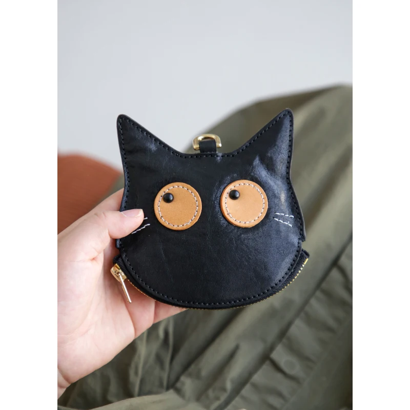 Vintage Soft Genuine Leather Coin Purse Cartoon Kitty Cat Purses for Women Cute Mini Unique Design Thin Wallets with Zipper