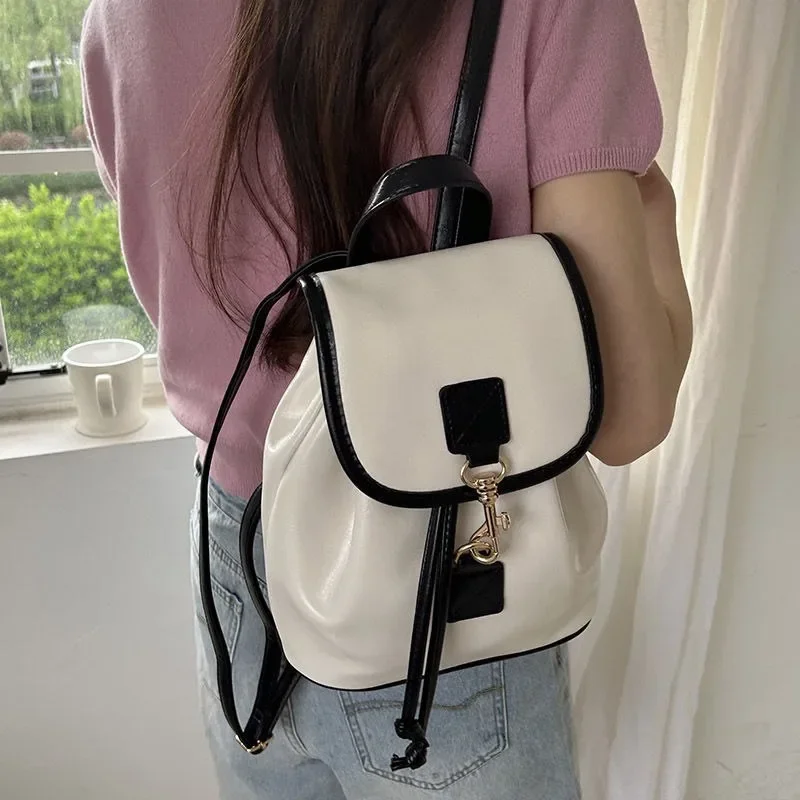 Xiuya White Elegant Womens Backpack Korean Style Fashion Leather Casual Backpacks Contrast Color Female Simple Aesthetic Bags