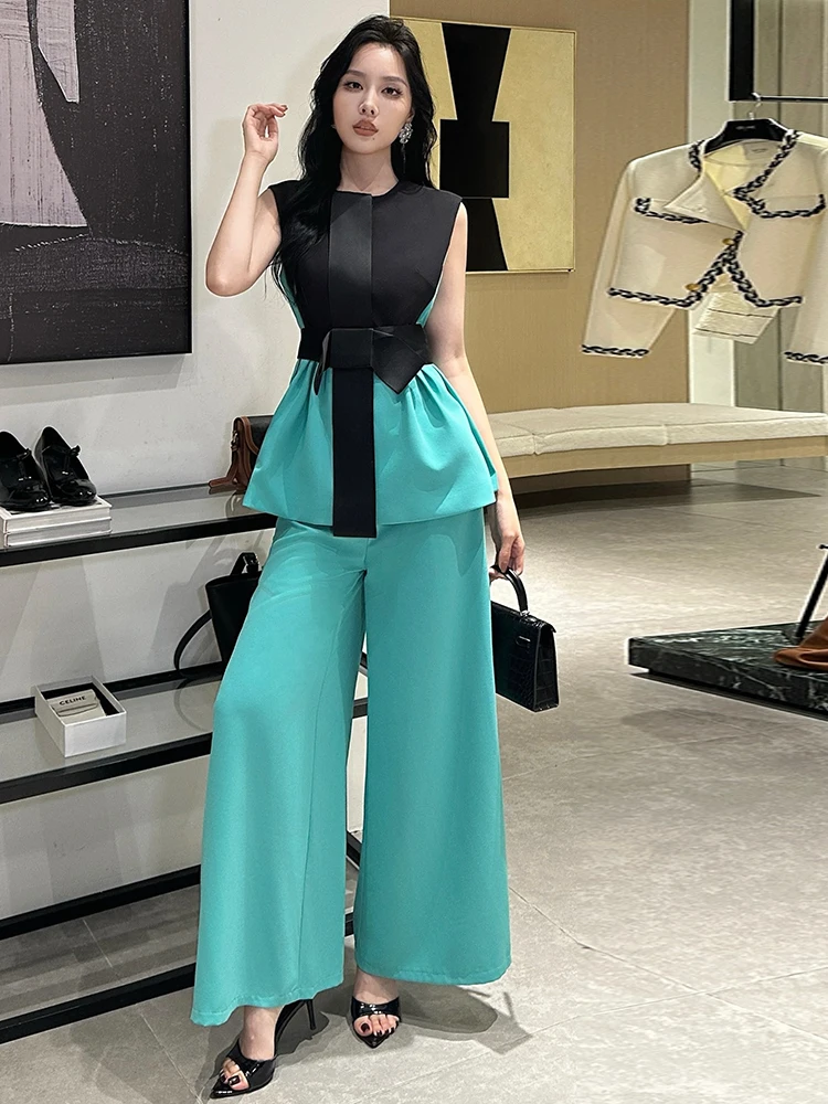 

Slimming and slimming color blocked sleeveless top high waist wide leg pants high-end niche design sense two piece set