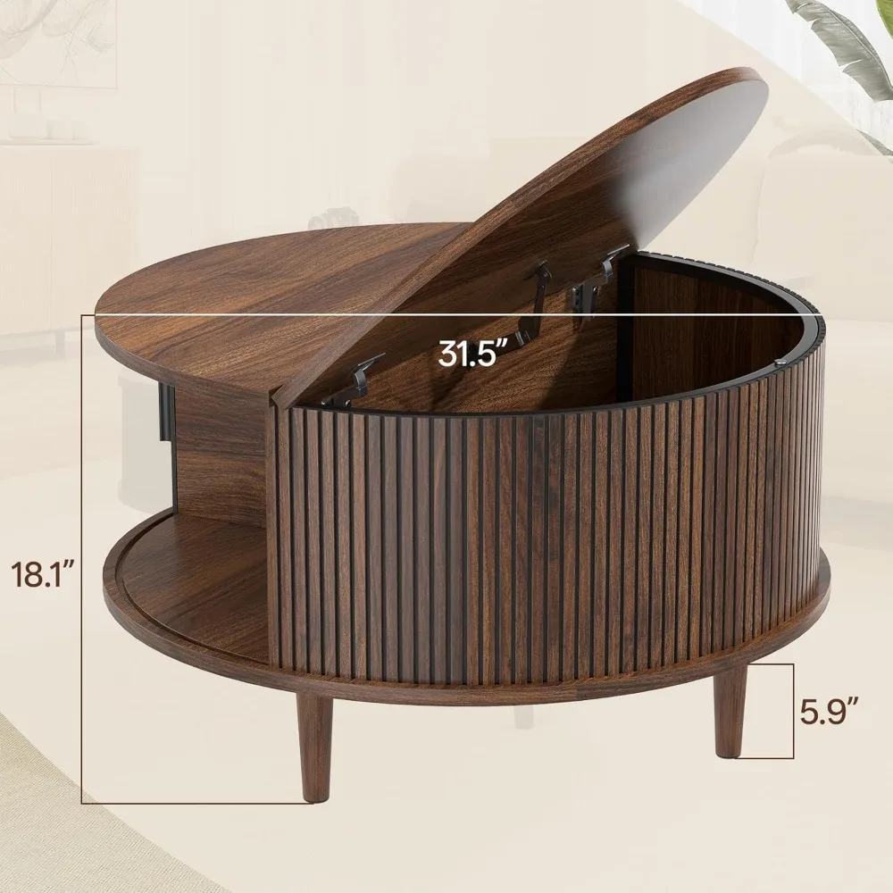 طاولة قهوة مستديرة من العصور الوسطى، طاولة مركزية مخددة مع باب منزلق، طاولة طعام حديثة مع غرفة تخزين عائلية لغرفة المعيشة #2