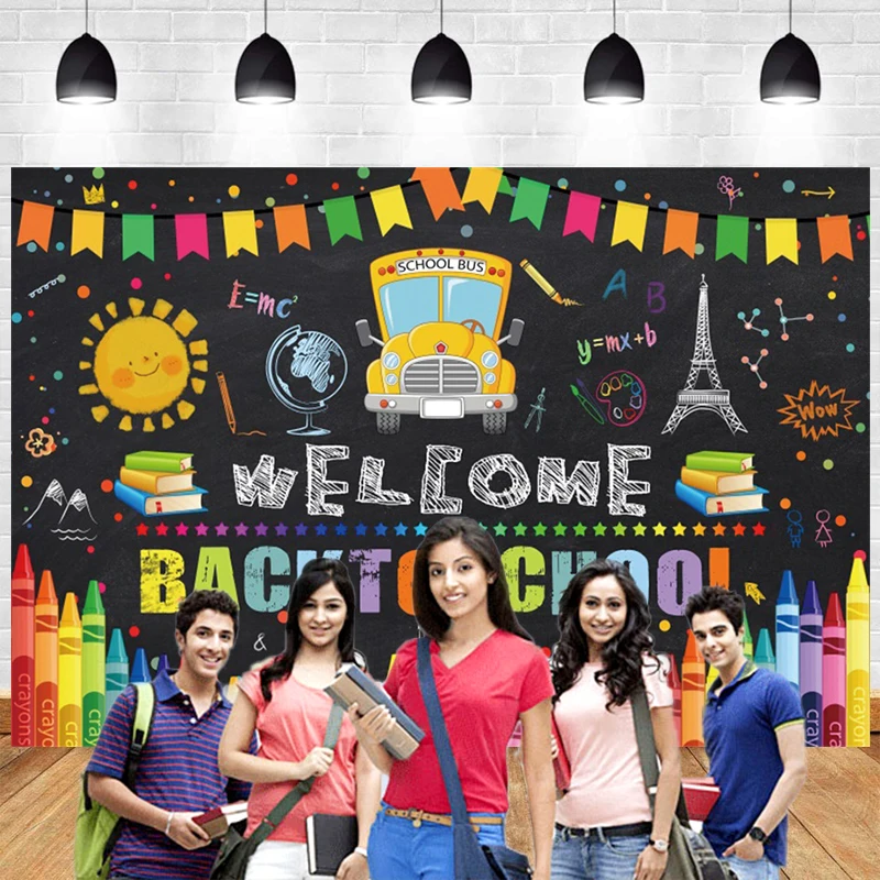 

Welcome Students Back To School Photo Backdrop Classroom Blackboard Globe Pen Book Photography Background Children Party Decor