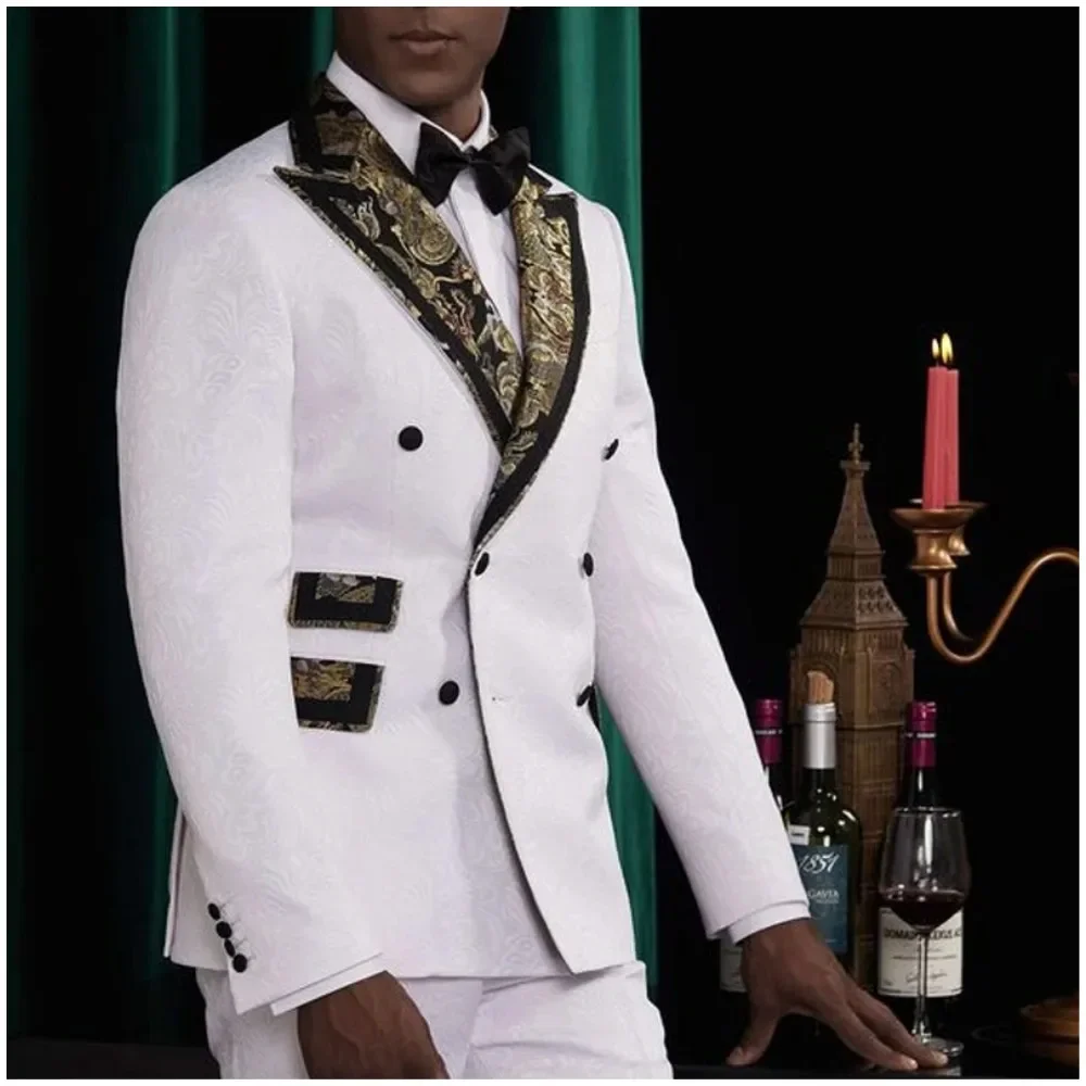 

White Floral Tuxedo Fashion 2 Pieces Blazer Pants Men Suits Double Breasted Peaked Lapel Formal Party Wedding Groom Tuxedo