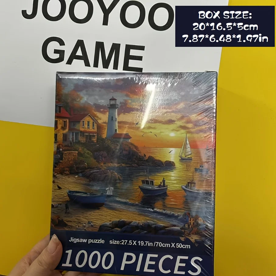 [ألوان زاهية، لغز الصور المقطوعة] لغز صور مقطوعة مثير للتحدي بألوان زاهية - لوحة شاطئية لبلدة ساحلية مع منارة وقارب