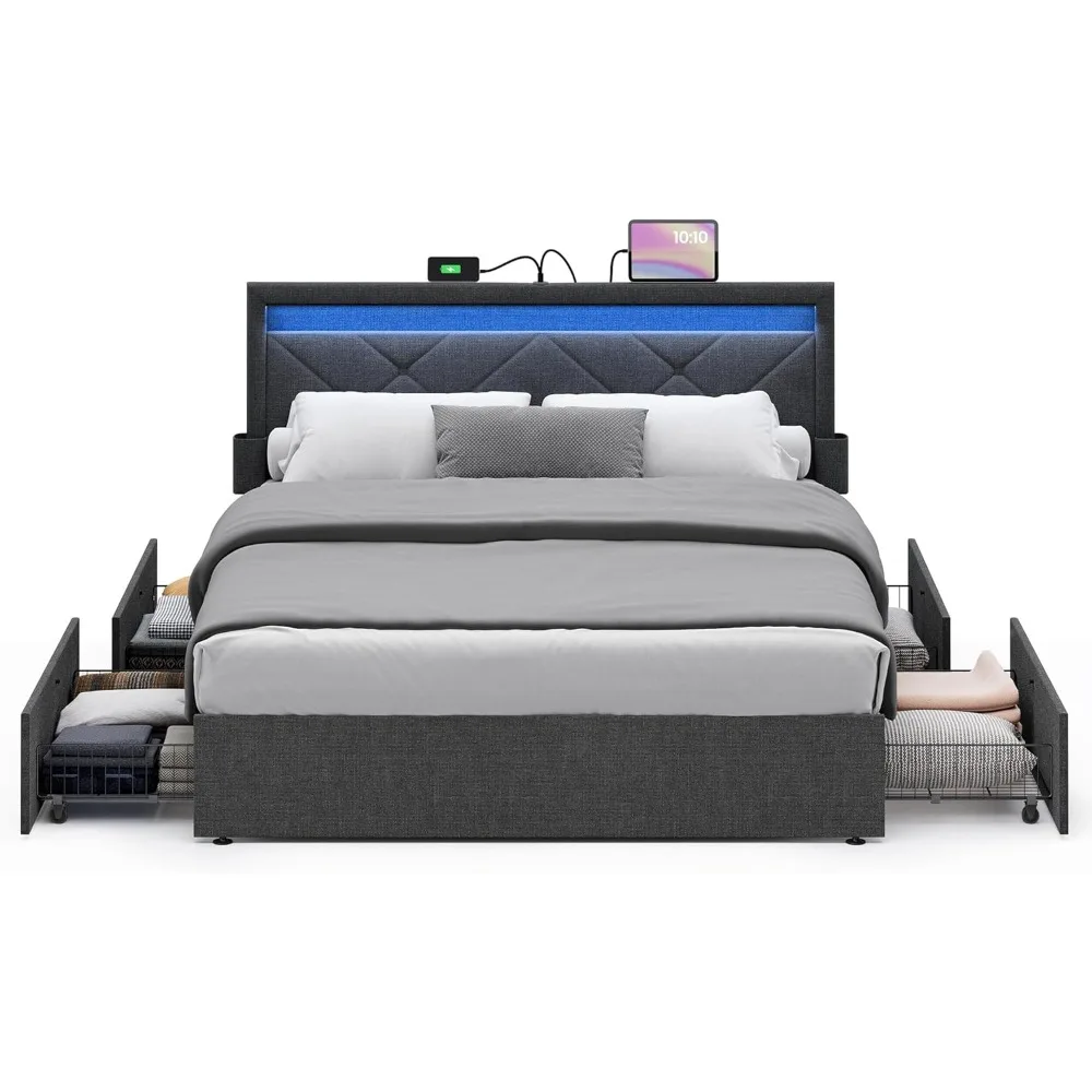

LED Full Size Bed Frame with Headboard and 4 Drawers, Bed Frame with Adjustable Upholstered Headboard Charging Station