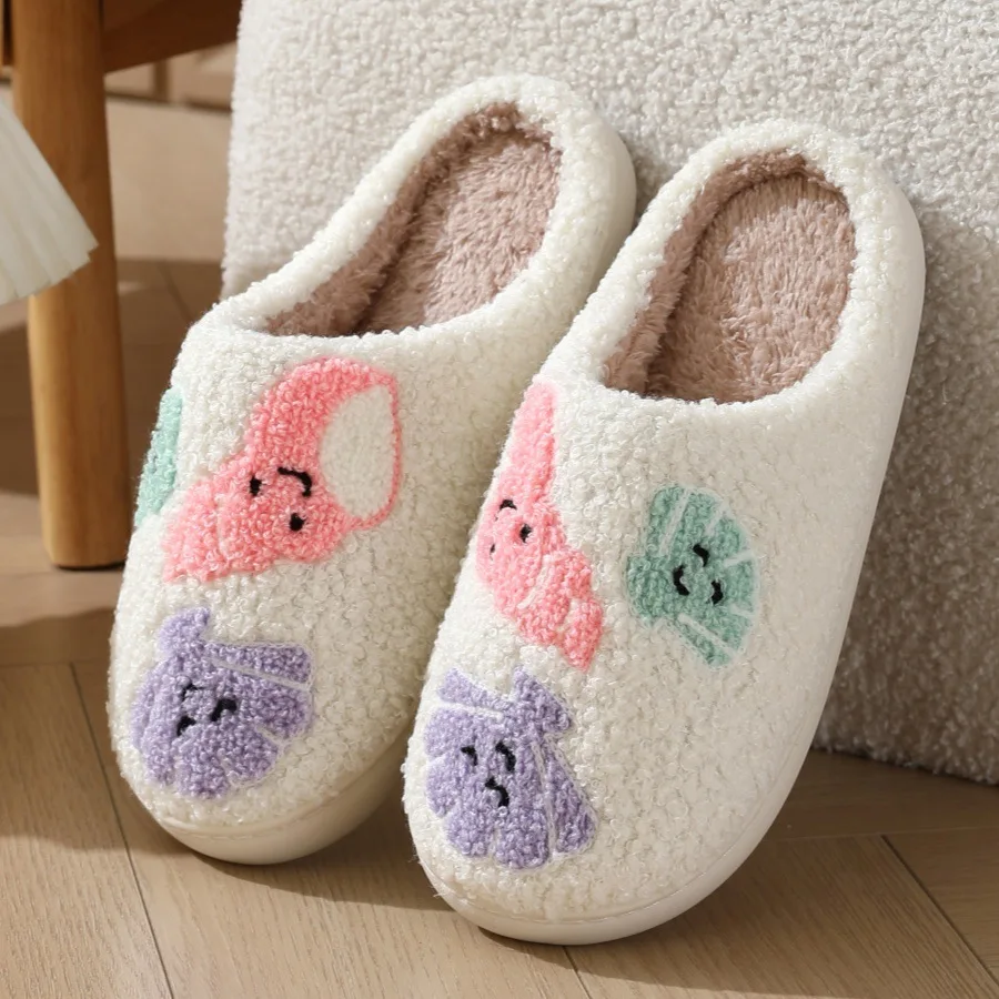 

Couple Winter Toe Wrap Warm Cotton Slippers Fashion Shell Embroidery Thick Soft Sole Slides Men Women Indoor Floor Home Slippers