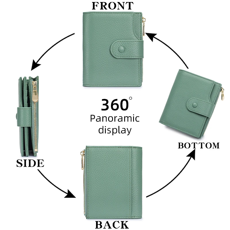محفظة ثنائية الطي للنساء من الجلد الطبيعي مزودة بتقنية تحديد الهوية بموجات الراديو بسعة كبيرة عمودية مع جيب بسحاب ونافذة لبطاقة الهوية، باللون الأخضر